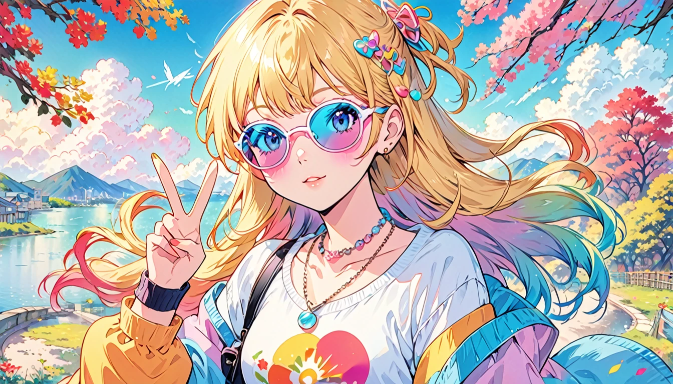 Anime girl wearing sunglasses and a necklace making a peace sign, Anime-style illustrations, Decora style illustrations, Anime atmosphere, Beautiful anime art style, blonde anime girl with long hair, Digital art on Pixiv, Anime Graphic Illustration, Colorful illustration, Cute art style, 80s anime art style, Colorful illustration, rossdraws pastel vivid