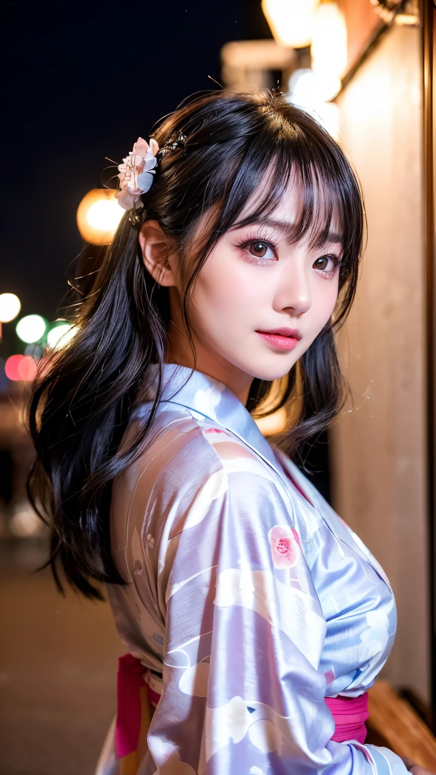 (logo、masterpiece、8k、Tabletop、RAW Photos、wonderful、最high quality、フォトリアリスティックでVery detailedな CG 複合 8k 壁紙、high quality、Very detailed、Narrative poem、Particle Effects、Dynamic Effects、Depth of the Boundary、Cinematic Light、Lens flare、Ray Tracing)、 (One beautiful woman wearing a yukata、White yukata、Light purple pattern)、Black-haired、High definition skin、Very fine、Fine skin texture、Beautiful Face、True Face、Beautiful details in the eyes、Realistic eyes、Beautifully detailed eyes、Realistic Skin、Beautiful Skin、Surreal、Smiling Eyes、Hair and light eyes、vivid、Colorful lights and bokeh、plump lower lip、Pink Lips、Hair flutters in Wind、Hair bounces、wonderful景色、night、evening、Wind、moonlight、moonlight、light
