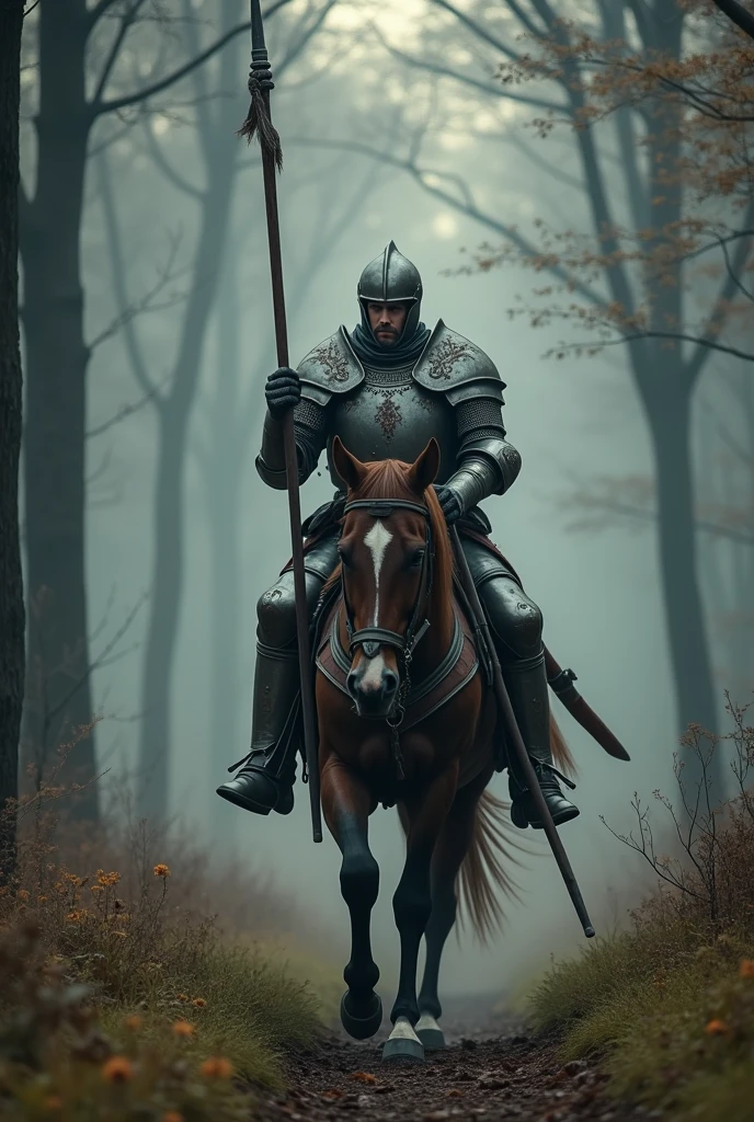 Create an image of a medieval warrior riding a powerful warhorse, trotting through a misty forest path at dawn. The warrior is clad in full plate armor, with a steel helmet that reveals only his determined gaze. His armor is worn but polished, with a family crest emblazoned on the chest plate. He carries a lance in one hand, resting it against his shoulder, while a longsword is sheathed at his side. The warhorse, a massive and muscular steed, is adorned with protective barding that matches the knight's armor, complete with ornate designs. The horse’s mane flows as it trots steadily, exuding strength and loyalty. The forest around them is dense, with tall, ancient trees and a soft fog that blankets the ground, creating a mystical atmosphere. The scene is realistic, capturing the movement of the horse and the focused, vigilant demeanor of the warrior, ready for whatever lies ahead on his journey."