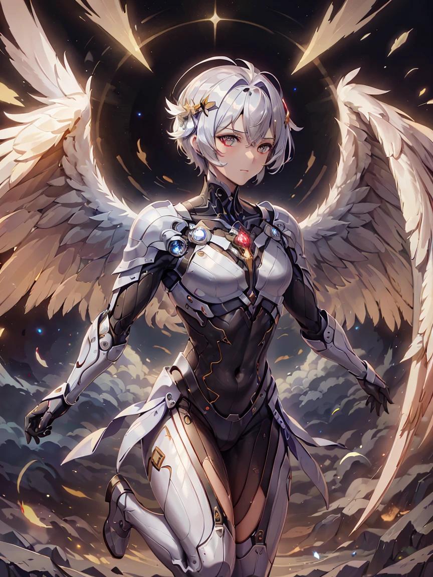 1 celestial being, with multiple wings, a circle of fire behind him,in quantum space .(high resolution),(best qualityer),(4k image),.