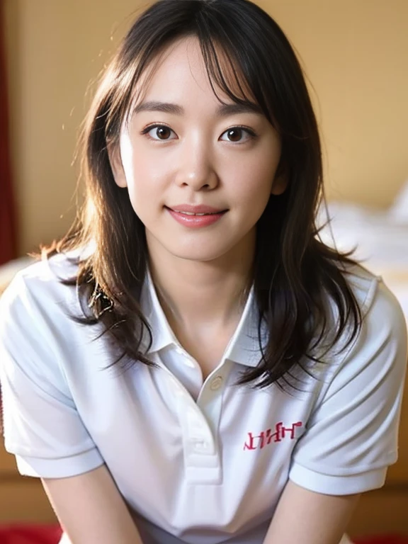 (Masterpiece, Best quality:1.4), (Ultra realistic, Photo-realistic:1.2), Full body, (kneeling:1.2), Looking at viewer, Natural light, 25 years old actress, Japanese women, (arms behind back: 1.2), Neat and clean, (White sexy tennis uniform, White short-sleeve polo shirt with darknavy line collar:1.2), (unbutton:1.3), (White tennis skirt:1.2), (Short wavy ponytail:1.2), Light brown hair color, (Beautiful Face), Oval face, clear, (Beautiful eyes, Kind eyes), (Clear skin), Small face, (Small mouth, Beautiful mouth), Natural makeup, Approachable, Luxury hotel Suite room, On bed, (nsfw:1.2), Seductive smile, (Seductive pose:1.2), (Beautiful thighs:1.1), Bedroom eyes,