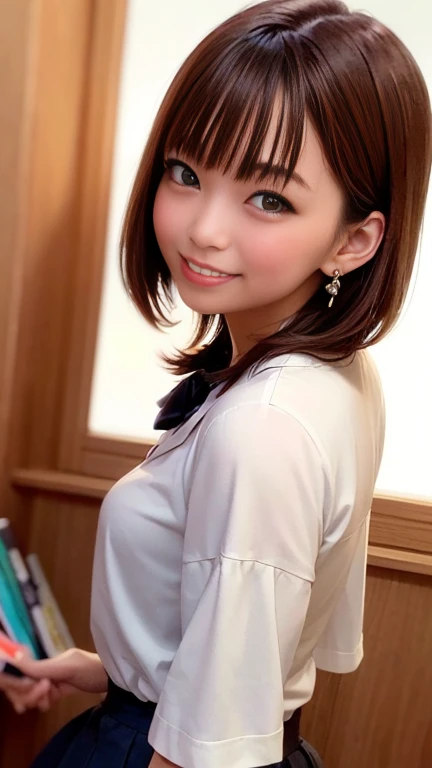 Maximum resolution, Ultra-high resolution, (Delicate eyes and skin), (Detailed facial features), Sharp focus, Cute Face, Perfect body, Anatomically correct, Highly detailed face and skin texture, Dark blue eyes, double eyelid, Thin eyebrows, Glowing Skin, Glittering earrings, bracelet, Glossy Lips, Very cute school girl, smile, Short Bob Hair, Light brown hair, library, Standing in front of a bookshelf、((Low angle shot:1.2)), Mid-chest, Thigh-high socks, A white short-sleeved shirt with a wide chest, Black pleated mini skirt with slits, (Looking back at the audience),((View from below:1.2))、((Back view、From behind:1.2))、