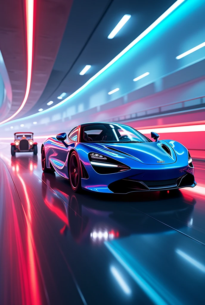 create a race between mclaren 720s color blue, oldtimer, bright, colorful pictures in a photo, Studio lighting, Volumetric lighting, god rays, CarHelper, PhotoHelper, Perfect composition