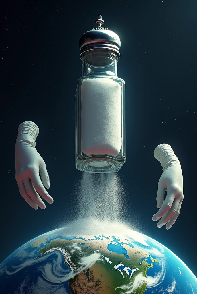 Une salière qui domine la planète terre avec deux gros  gants blanc dans l'espace 