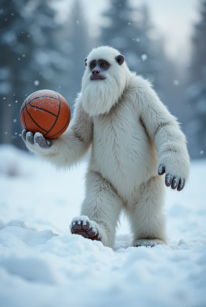 snow yeti, with basketball in his friendly hand