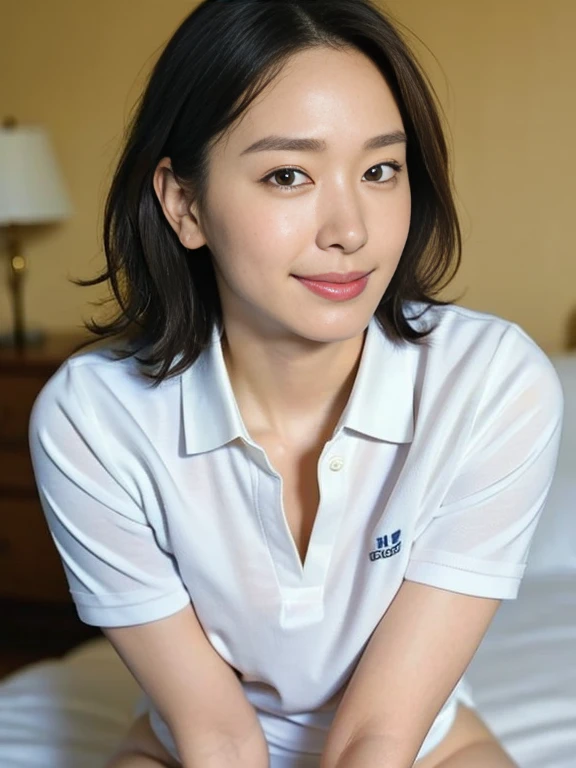 (Masterpiece, Best quality:1.4), (Ultra realistic, Photo-realistic:1.2), Full body, (kneeling:1.2), Looking at viewer, Natural light, 25 years old actress, Japanese women, (arms behind back: 1.2), Neat and clean, (White sexy tennis uniform, White short-sleeve polo shirt with darknavy line collar:1.2), (unbutton:1.3), (White tennis skirt:1.2), (Short wavy hair:1.2), Light brown hair color, (Beautiful Face), Oval face, clear, (Beautiful eyes, Kind eyes), (Clear skin), Small face, (Small mouth, Beautiful mouth), Natural makeup, Approachable, Luxury hotel Suite room, On bed, (nsfw:1.2), Seductive smile, (Seductive pose:1.2), (Beautiful thighs:1.1), Bedroom eyes,