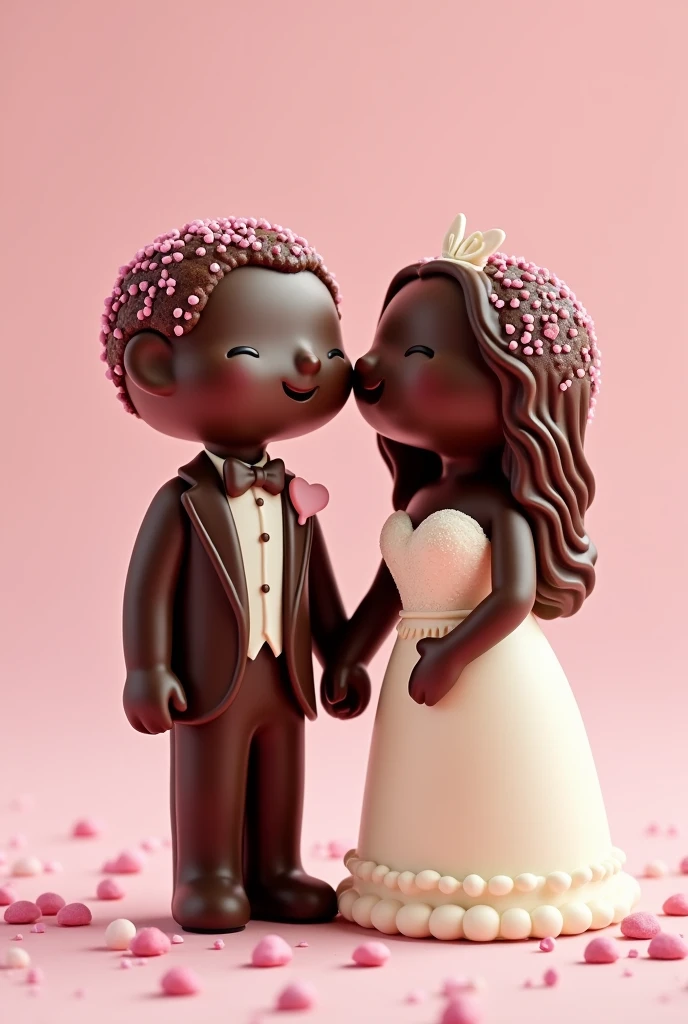 cartoon style image of two chocolate brigadeiros with pink heart sprinkles dressed as bride and groom