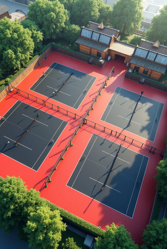 Two black-floor paddle courts and red walkways, On the right side of the courts there is a food fair with 8 premises, 4 on one side and 4 on the other and in the middle, stuck together side by side, They are separated by a corridor that runs from the entrance to the field and ends at the courts., The premises are made of wood, landscaping, The premises&#39; land is 20 meters by 15,5 meters, and each room is 4 meters by 4 meters.