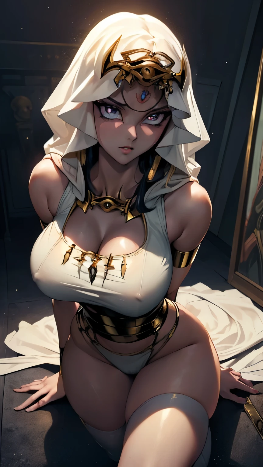 Best Quality,8k,High resolution,masterpiece:1.2), (ultra detailed), (NSFW is not safe for artwork), (Ishizu Ishtar) (Yu-gi-oh setup), (pose sexual), (realist,photorealist,fotorrealista:1.37), (High DefinitionR,High Definition), (portrait), (vivid colors), (long legs), (clearly elongated face), (broad) (Hermosos detailed eyes), (beautiful detailed lips), (extremely detailed eyes and face), bright eyes Dynamic angle and posture, soaked in sweat, perspiration, undressing (long eyelashes), (sharp focus), (Physically based representation), (unclothed), (big breasts) (open legs), (intense), (expression of intense desire), (Motion blur), (elegant), (slim figure), (anime inspired), (bright lights), (sexual), (contrasting colors), (mysterious atmosphere), (action packed scene), (Unique style), (amazing), (elegant), (evocative), (expressive), (Intriguing atmosphere), (giant breasts:1.2) ((Best Quality)),((Very detailed)),masterpiece,absurdities,detailed face,beautiful face,(detailed eyes, deep eyes),(1 girl),((dynamic pose)), erotic lingerie