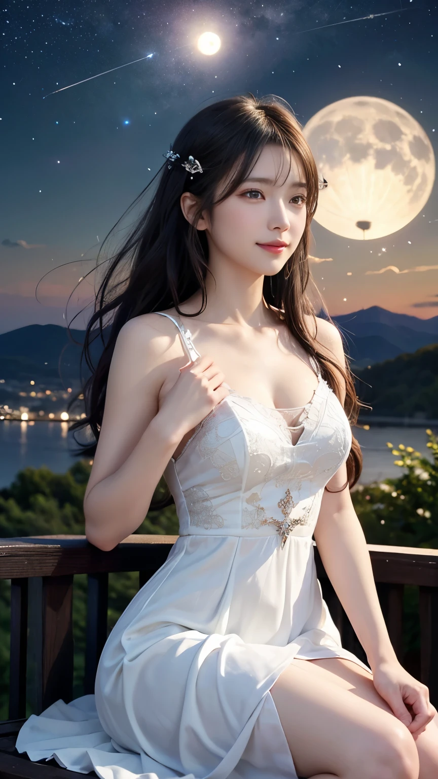 (logo、masterpiece、8k、Tabletop、RAW Photos、wonderful、最high quality、フォトリアルでVery detailedなCG合成8k壁紙、high quality、Very detailed、Narrative poem、Particle Effects、Dynamic Effects、Depth of the Boundary)What is written is、Cinematic Light、Lens flare、Ray Tracing）、Fantasy、（Purple Dress）、（night、night空、Starry Sky、full moon）、（Girl looking up at the sky）、sit、cute、Japanese style、 (smile)、Long Hair、Strong winds、(Hair blowing in the wind)、(White Dress)、Natural light、moonlight、(Horizontal photography)、(chest emphasis)、(Low position)、(Low - Angle)