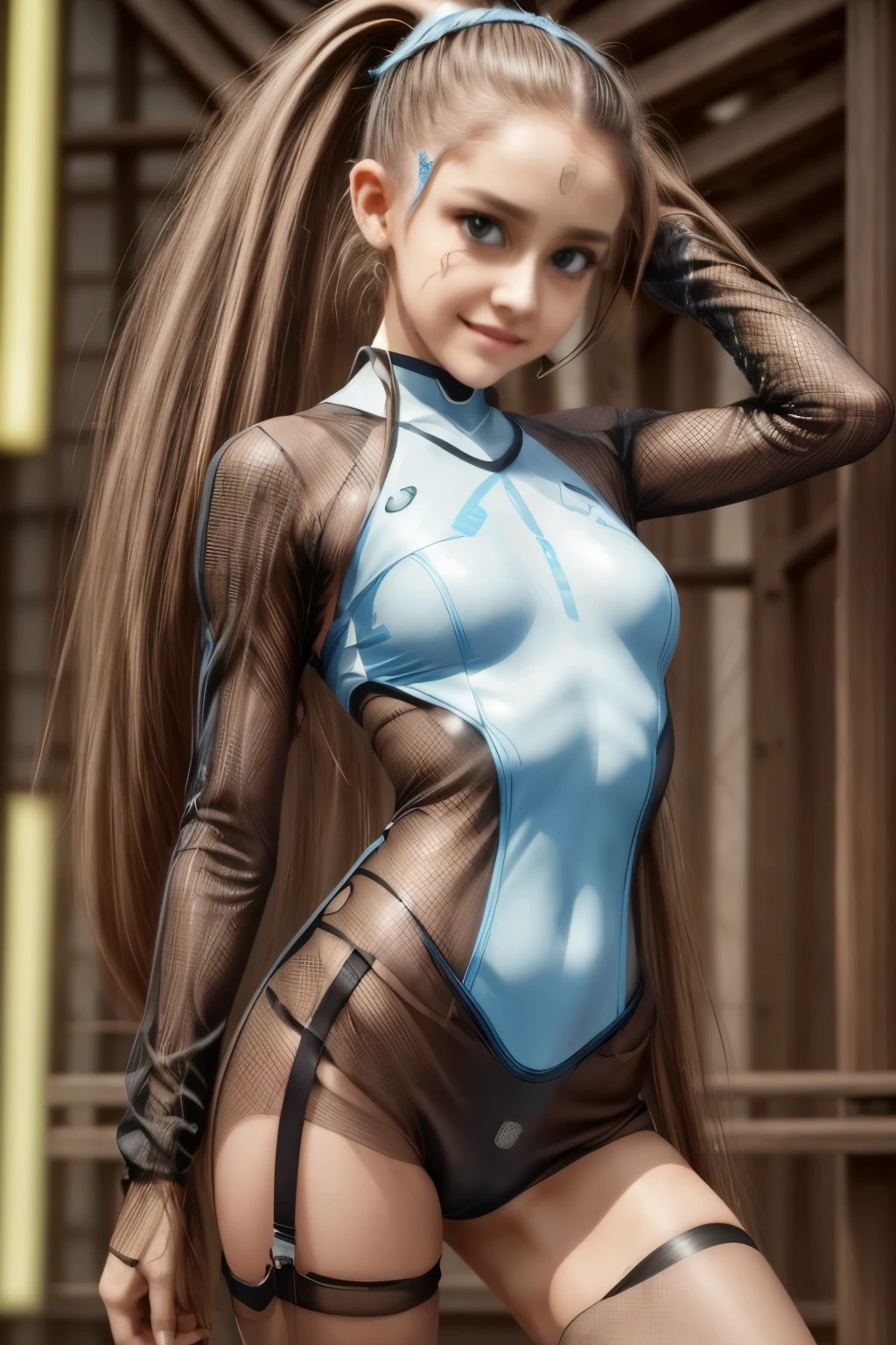 Full body cyber girl with a ponytail. Ariana Grande's face. Bright white color to show she's a cyber girl whit laser rifle. white eyebrows. clothing like catsuit. She also has bright blue eyes. The environment is terminator like. Hair is platina. She is lit with the bright blue color on one side of her face. Led like.  And both hands have the led light too.