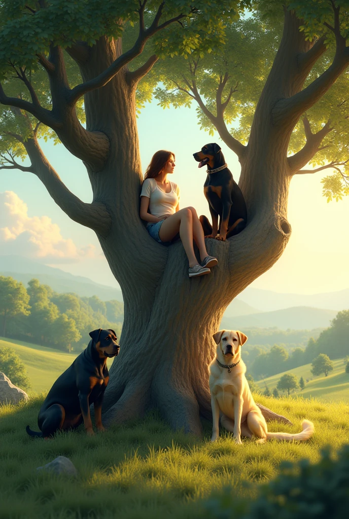 A woman and two female Rottweiler dogs and a female Labrador dog sitting in a tree in the distance