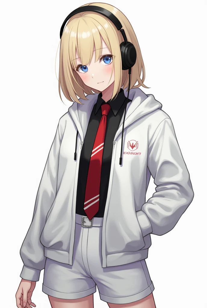 Exusiai from Arknights, Black headphones, Red necktie with small white stripes, Black undershirt, White hoodie, White shorts, White shoes