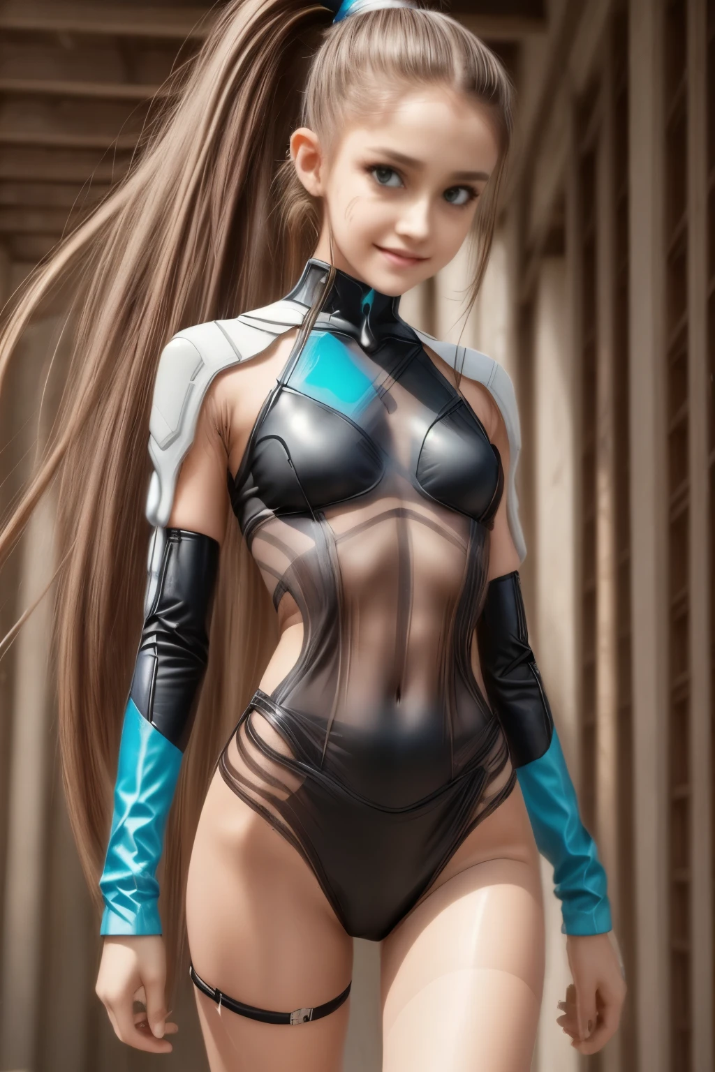 Full body cyber girl with a ponytail. Ariana Grande's face. Bright white color to show she's a cyber girl whit laser rifle. white eyebrows. clothing like catsuit. She also has bright blue eyes. The environment is terminator like. Hair is platina. She is lit with the bright blue color on one side of her face. Led like.  And both hands have the led light too.