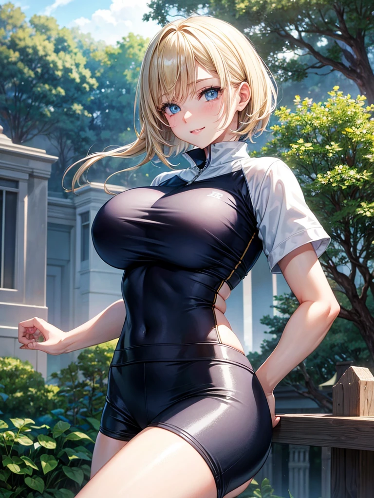 Anime style, super fine illustration, highly detailed, beautiful detailed, pale tone image, static representation, gentle expression, 8k, pretty 1girl with blonde straight short hair & blue eyes & a bright smile & huge breasts & soft fair skin is wearing the black skportswear  & sportshorts & sportsjaket in the park, in the morning, in the brilliant particles of lights, romantic stories, solo, perfect 5fingers, perfect arms, perfect legs, masterpiece.