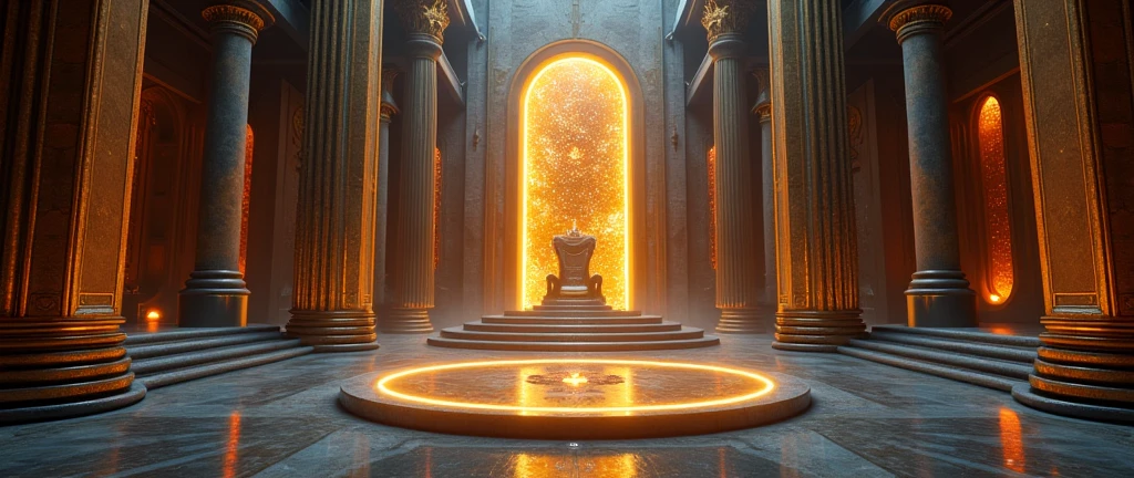 futuristic castle throne room interior, Interstellar. 8k, aurora burreal, extraterrestrial, gold on the wall