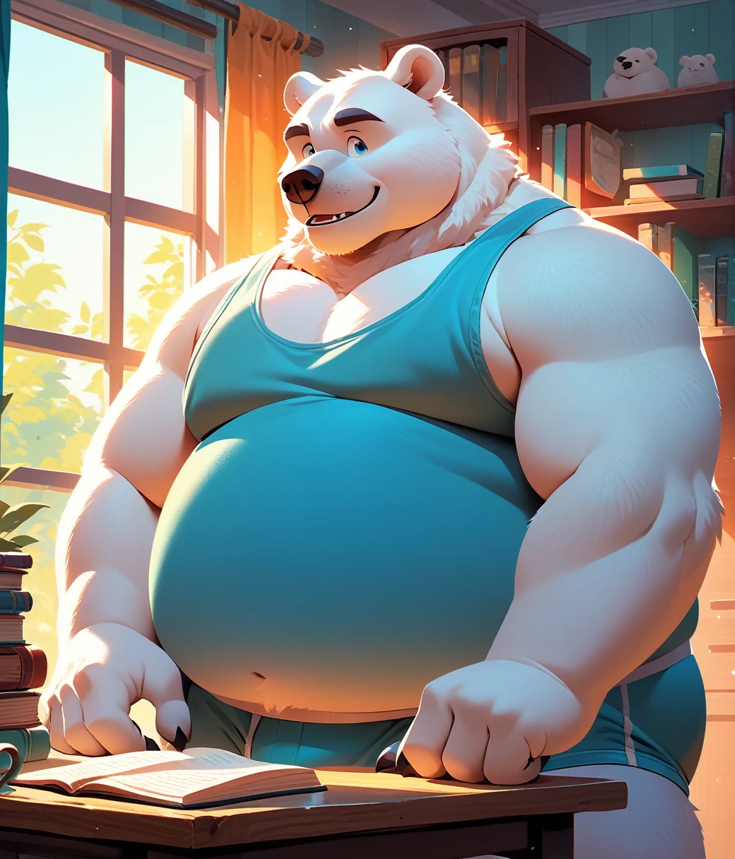 (cute, fat, obese, anthro, male, polar bear), nude, (((cropped cyan tank top, cyan briefs))), room, window, book shelf, table, sunlight, ambient lighting, full of effects, centered, dynamic, highly detailed, intricate details, detailxl