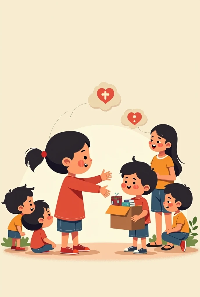 Drawing a simple background, with other children around and a standing with one hand outstretched towards another person holding a box of toys and books with a smile, mostrando que está dispuesta a Aidr. Add a small cloud or symbol "Aid" above the girl who reaches out her hand, to highlight availability.