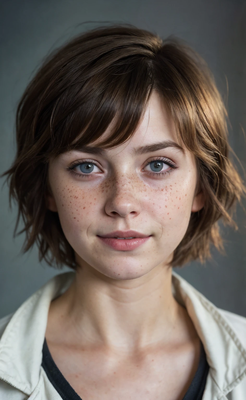 (close-up, editorial photograph of a 21 year old woman), (highly detailed face:1.4) (smile:0.7) (background inside dark, moody, private study:1.3) POV, by lee jeffries, nikon d850, film stock photograph ,4 kodak portra 400 ,camera f1.6 lens ,rich colors, hyper realistic ,lifelike texture, dramatic lighting , cinestill 800, wavy hair, messy hair, Max Caulfield haircut, short hair, Mischievous smirk, Brown hair, Blue eyes, freckles, white skin, Black Coat, White Shirt, Max Caulfield skin, Max Caulfield expression, masterpiece, Astral Plane, Life Is Strange