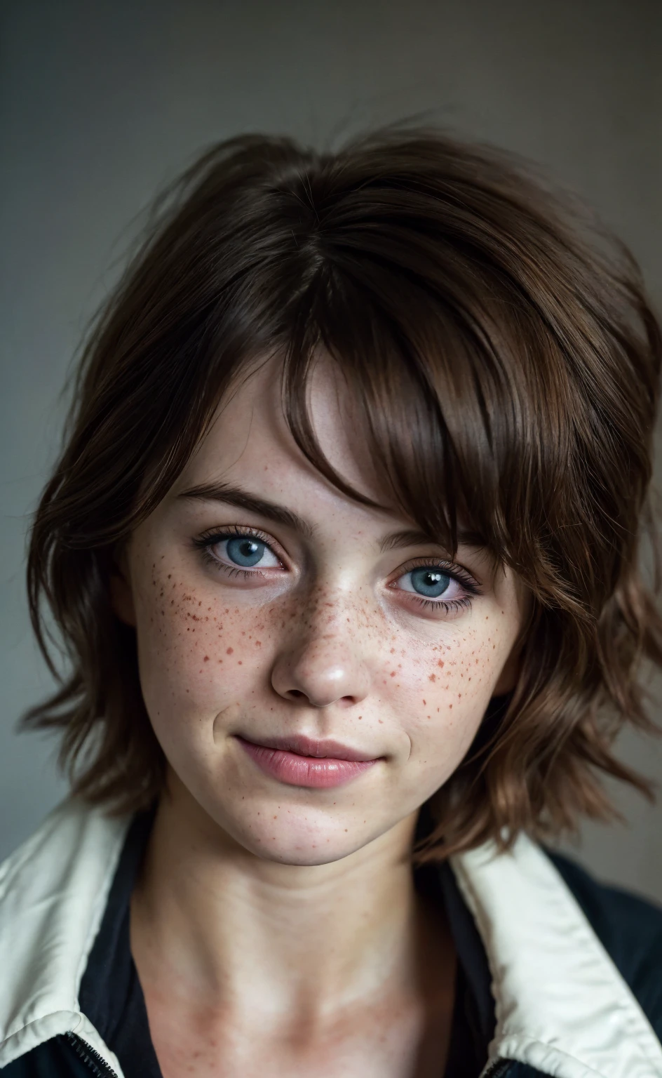 (close-up, editorial photograph of a 21 year old woman), (highly detailed face:1.4) (smile:0.7) (background inside dark, moody, private study:1.3) POV, by lee jeffries, nikon d850, film stock photograph ,4 kodak portra 400 ,camera f1.6 lens ,rich colors, hyper realistic ,lifelike texture, dramatic lighting , cinestill 800, wavy hair, messy hair, Max Caulfield haircut, short hair, Mischievous smirk, Brown hair, Blue eyes, freckles, white skin, Black Coat, White Shirt, Max Caulfield skin, Max Caulfield expression, masterpiece, Astral Plane, Life Is Strange