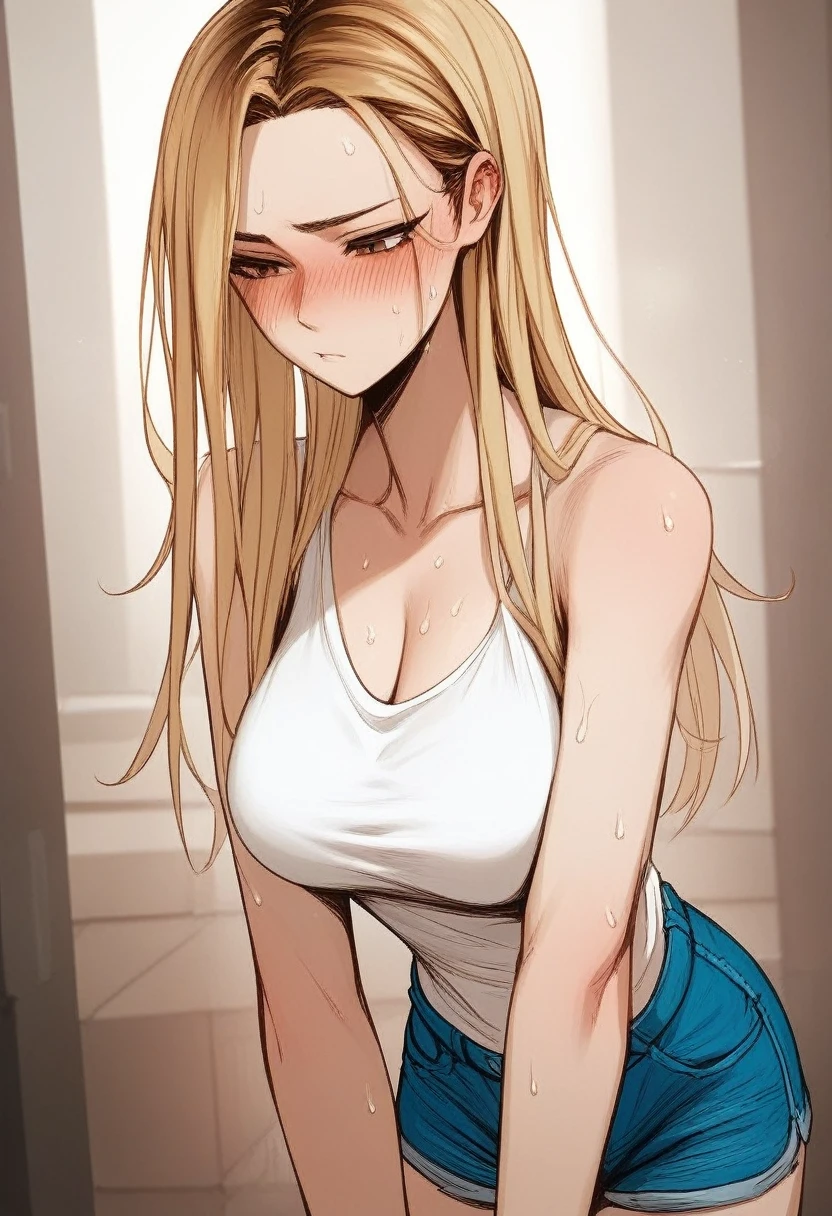 Quite large breasts、Long chest、blush、Sweat、In the heat、jia han, brown eyes, blonde hair, multicolored hair, long hair, medium breasts, white tank top, bare shoulders, collarbone, sleeveless, blue denim shorts, standing,、(The whole body is visible)、Troubled face、Eyes half closed、Are standing、
{Highest quality}, {so beautiful}, {Very detailed}, {Best illustrations},