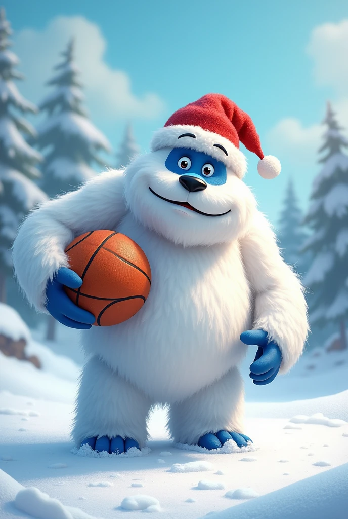 snow yeti, with basketball in his friendly hand, cartoon