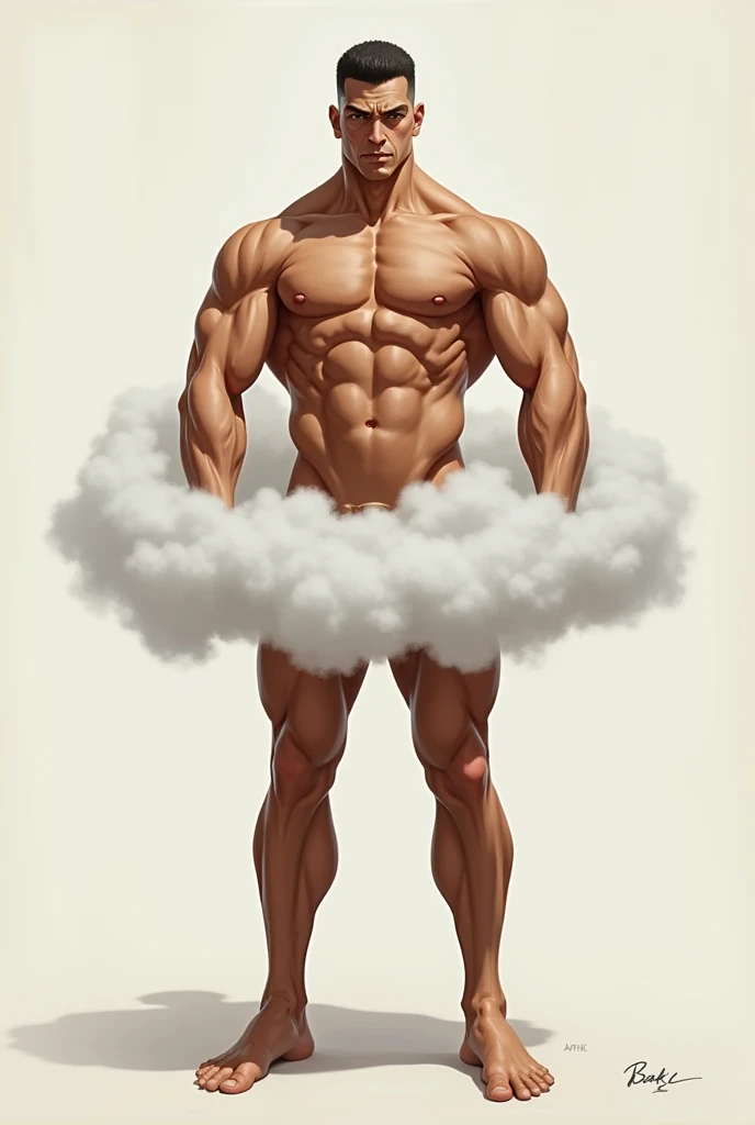 Baki, completely naked and without clothes, full body, with a cloud covering his bare penis, the cloud strictly in the low area of his body, covering his naked crotch, still showing the legs, completely naked, totally naked