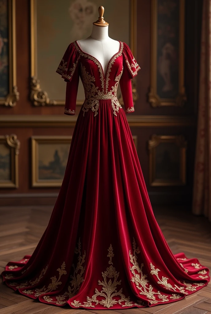 high-end velvet red gown, with golden patterns on the hem and sleeves