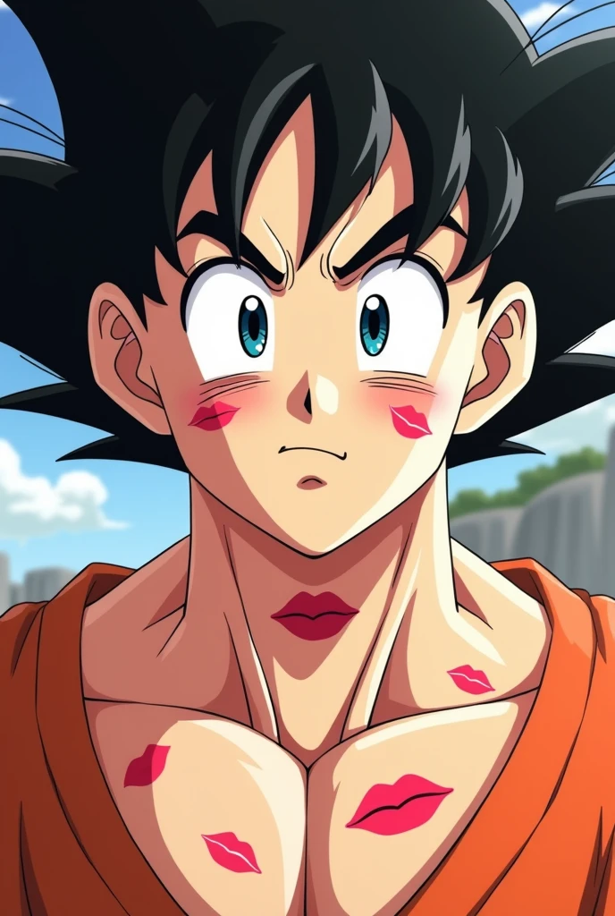 Dragon ball z anime style,Adult Goku with face,neck lips, with several marks of various kisses made by the lipstick, expression in love and somewhat embarrassed, with a blush on her cheeks and a slight smile, looking forward 