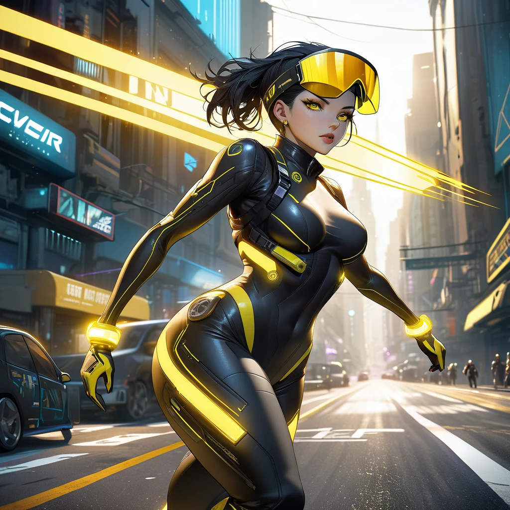 (yellow cyber punk speed tactical suit:1) Beautiful woman in revealing clothes,Civetik visor, :: Medium Black Hair, Thick thighs :: ultra realistic futuristic speedster scifi cyber punk athletic woman, Iris, ((Runs down the middle of the road emitting yellow rays, cyber punk, Shadowrun, scifi high tech cyber punk)) :: cool cyber punk yellow speed combat suit :: Natural light :: Bokeh :: 8k ::  Highest quality :: masterpiece :: Very detailed:1.5