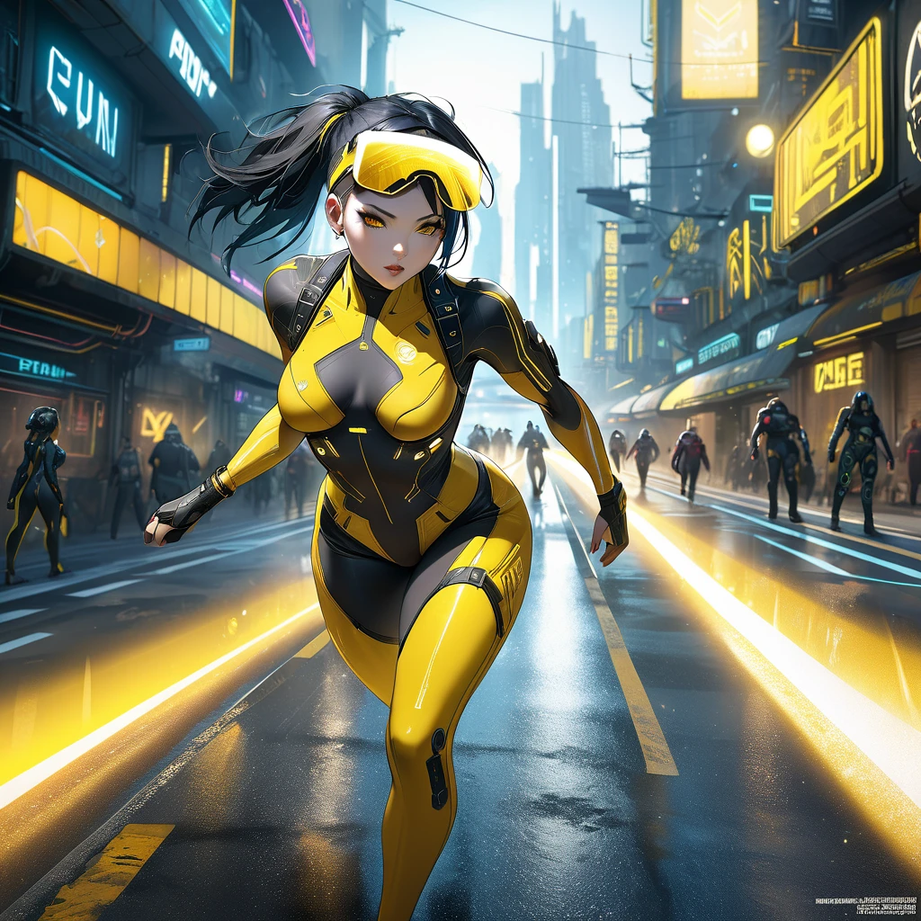 (yellow cyber punk speed tactical suit:1) Beautiful woman in revealing clothes,Civetik visor, :: Medium Black Hair, Thick thighs :: ultra realistic futuristic speedster scifi cyber punk athletic woman, Iris, ((Runs down the middle of the road emitting yellow rays, cyber punk, Shadowrun, scifi high tech cyber punk)) :: cool cyber punk yellow speed combat suit :: Natural light :: Bokeh :: 8k ::  Highest quality :: masterpiece :: Very detailed:1.5