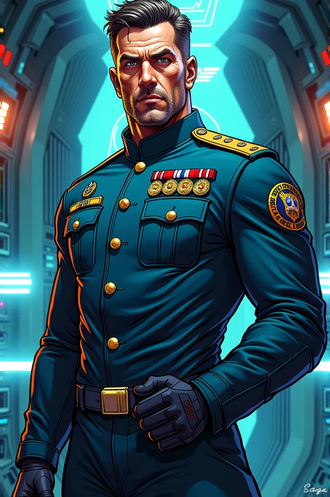 Comic book style character, a male space troop commander.