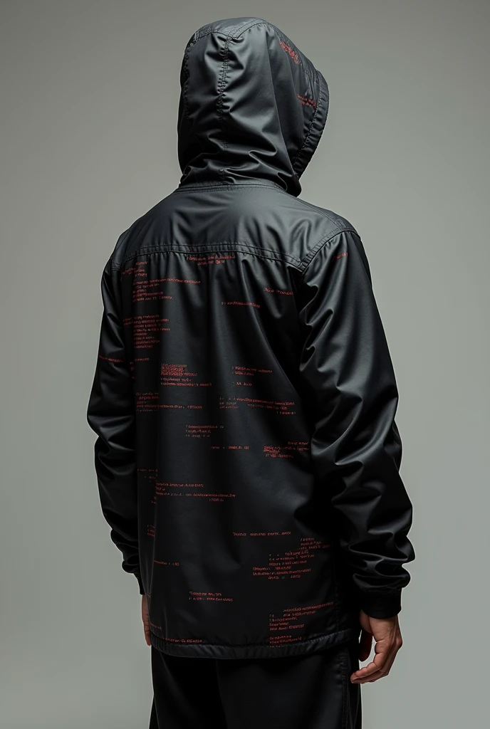 Create me a windbreaker jacket, with the black color, and textured with mixed programming symbols and red color throughout the jacket, more discreet highlighting the black color, more details in black and not so much red on the jacket, something very discreet and casual, show the jacket from the back and front.