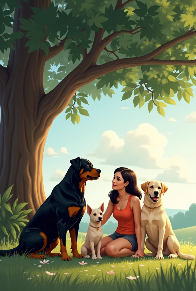 A woman and two female Rottweiler dogs and a female Labrador dog sitting under the tree in the distance