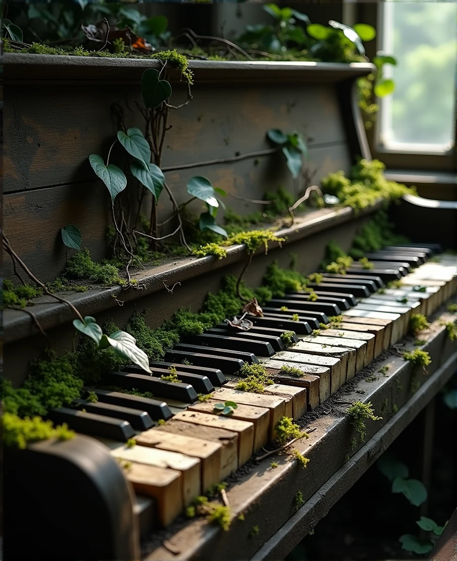 A detailed, poetic, and abandoned piano keyboard overgrown with nature, weathered and decaying, sunlight filtering through the leaves, moss and vines creeping across the keys, a sense of melancholy and the passage of time, (best quality, 4k, 8k, highres, masterpiece:1.2), ultra-detailed, (realistic, photorealistic, photo-realistic:1.37), dramatic lighting, dramatic angles, cinematic composition, moody, atmospheric, somber, weathered, decaying, abandoned, moss, vines, sunlight, leaves, nature reclaiming, piano keyboard, dramatic, cinematic