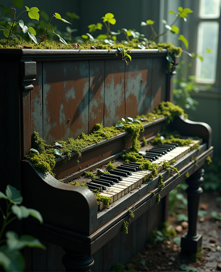 A detailed, poetic, and abandoned piano keyboard overgrown with nature, weathered and decaying, sunlight filtering through the leaves, moss and vines creeping across the keys, a sense of melancholy and the passage of time, (best quality, 4k, 8k, highres, masterpiece:1.2), ultra-detailed, (realistic, photorealistic, photo-realistic:1.37), dramatic lighting, dramatic angles, cinematic composition, moody, atmospheric, somber, weathered, decaying, abandoned, moss, vines, sunlight, leaves, nature reclaiming, piano keyboard, dramatic, cinematic
