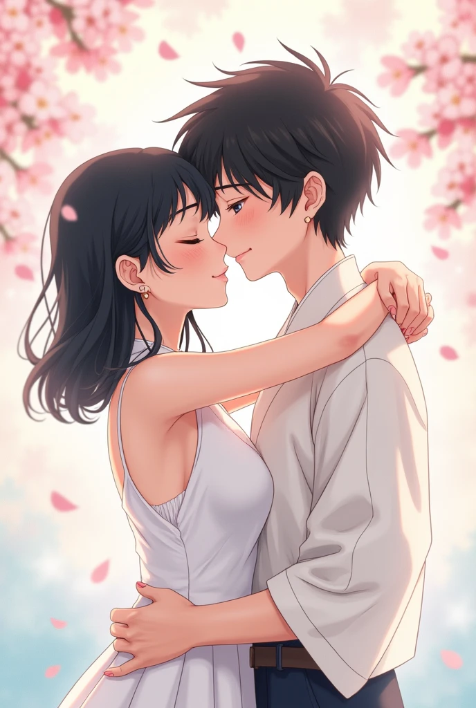 An anime style couple,girl with medium-short black hair and boy with dark hair,both white teas,kissing or hugging,