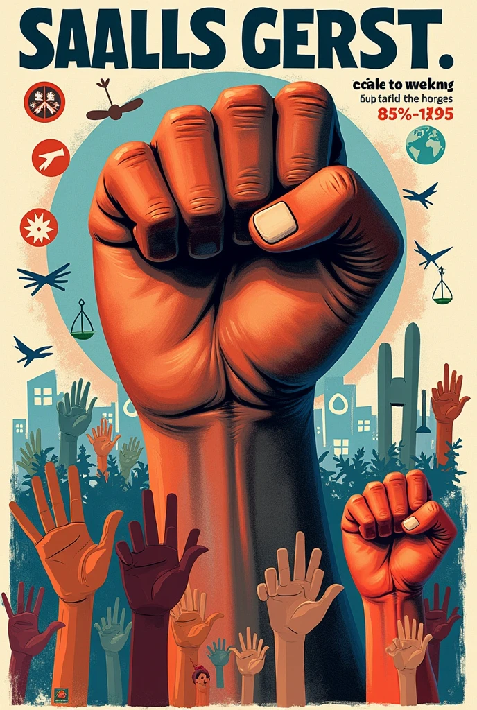 You
7:47 AM
make a poster using this design concept Design Concept:**

Background: A dynamic collage of various global social issues, such as climate change, inequality, racial justice, and gender equality. These could be represented through subtle, symbolic imagery or text snippets.
Central Image: A large, raised fist made of diverse hands (different skin tones, genders, ages) coming together, symbolizing unity and collective power.
Headline: "Voices for Change" written in bold, impactful letters at the top.
Subtext: "Together, We Create a Better Tomorrow" placed beneath the central image.
Additional Elements: Incorporate icons or symbols representing different social movements (e.g., peace signs, balance scales for justice) scattered around the fist to show the variety of issues people are uniting to address.
View less