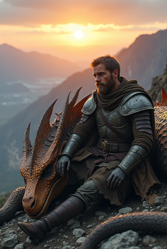 Create an image of a battle-worn dragon rider resting beside their mighty dragon in a serene, post-battle setting. The rider, a fierce warrior, is clad in ornate, weathered armor that bears the marks of recent combat—scratches, dents, and smudges of ash. Their helmet is removed, revealing a face with streaks of dirt and blood, yet with eyes filled with relief and resolve. The rider sits on a rocky outcrop, leaning against the massive, scaled body of their dragon.
The dragon, a majestic creature with iridescent scales that shift colors in the fading light, lies sprawled out, its chest heaving as it breathes deeply, recovering from the fierce fight. The creature's wings, still extended slightly, show signs of wear—torn edges and a few singed membranes. Smoke wisps rise gently from its nostrils, indicating the recent use of its fiery breath.
The setting is a high mountain ridge, with the sun setting in the distance, casting a warm, golden hue across the landscape. The sky is painted with soft oranges, purples, and pinks, as the day transitions into night. Below them, the remnants of a battlefield can be faintly seen, with scattered armor, weapons, and the charred ground as a silent testament to the intensity of the battle.
Despite the aftermath of the conflict, the atmosphere is peaceful. The bond between the dragon and its rider is palpable, as they share this moment of quiet recovery. The scene captures the raw power of both warrior and beast, contrasted with the tenderness of their mutual trust and the calm that follows a hard-won victory."