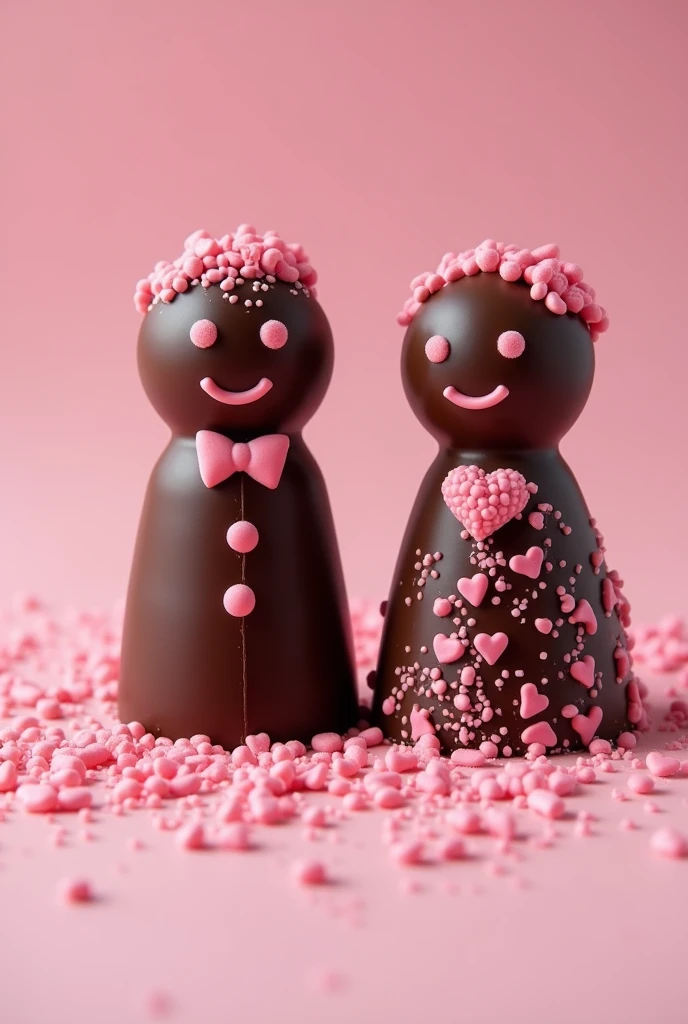 logo image of two chocolate brigadeiros with pink heart sprinkles dressed as bride and groom