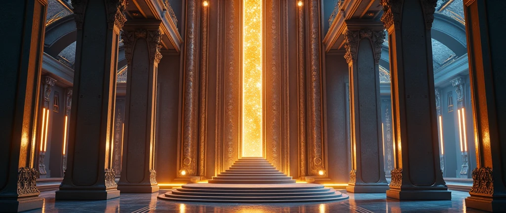 futuristic castle throne room interior, Interstellar. 8k, aurora burreal, extraterrestrial, gold on the wall