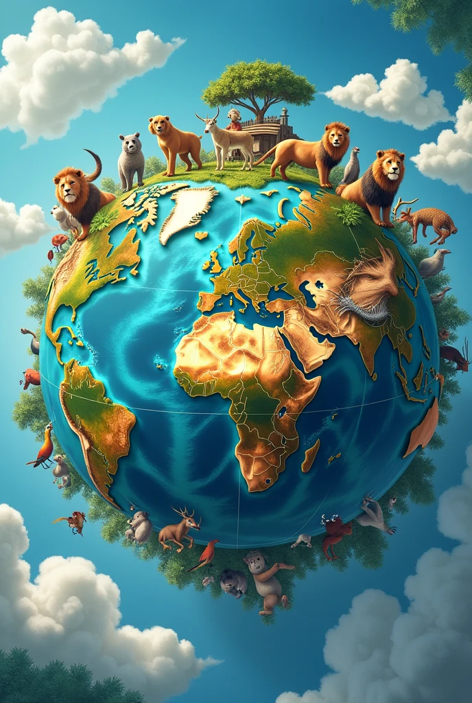 Create an image with various animals highlighted around the world