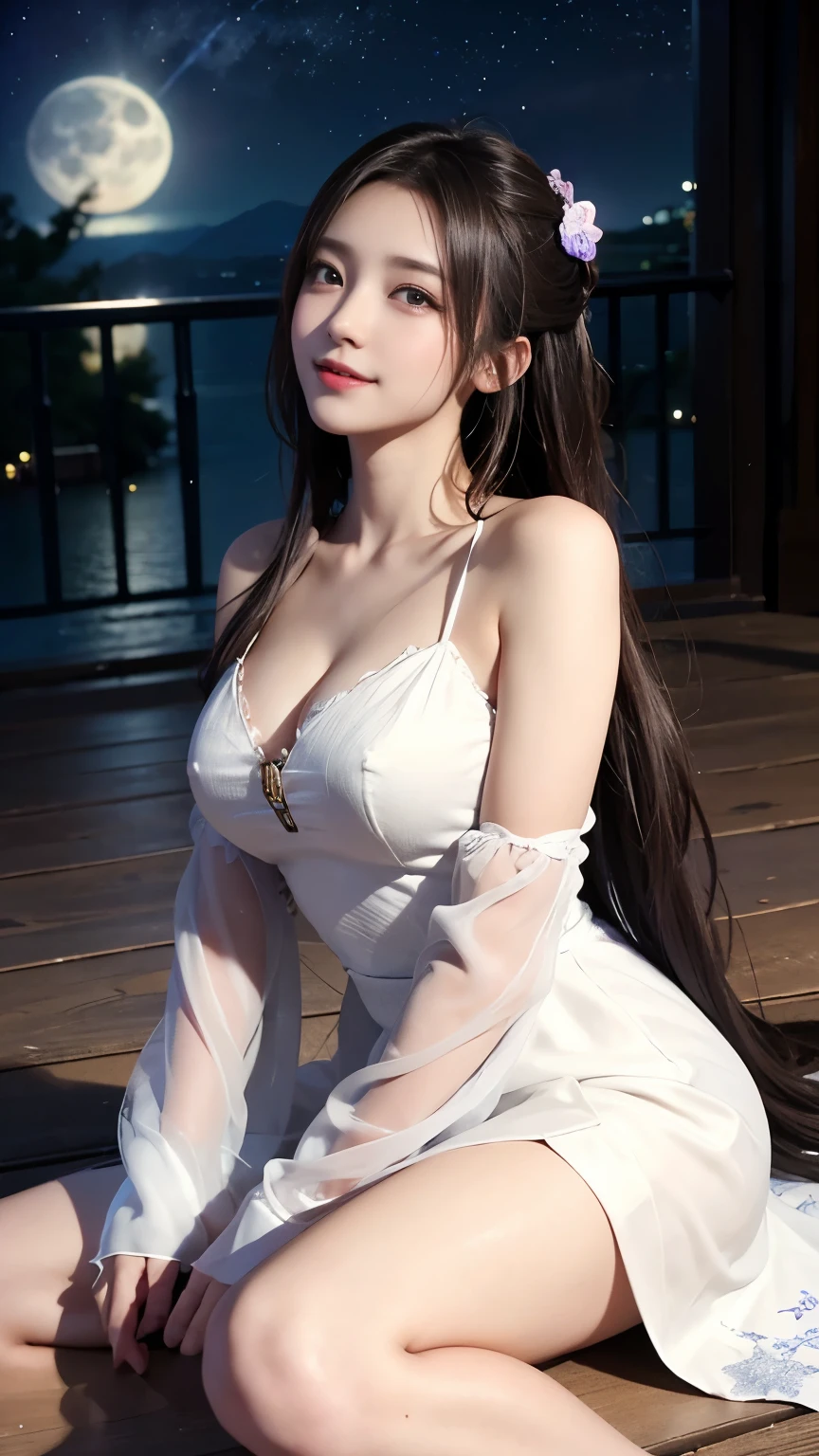 (logo、masterpiece、8k、Tabletop、RAW Photos、wonderful、最high quality、フォトリアルでVery detailedなCG合成8k壁紙、high quality、Very detailed、Narrative poem、Particle Effects、Dynamic Effects、Depth of the Boundary)What is written is、Cinematic Light、Lens flare、Ray Tracing)、Fantasy、(Purple Dress)、(night、night空、Starry Sky、full moon)、(Girl looking up at the sky)、sit、cute、Japanese style、 (smile)、Long Hair、Strong winds、(Hair blowing in the wind)、(White Dress)、Natural light、moonlight、(Horizontal photography)、(chest emphasis)、(Low position)、(Low - Angle)