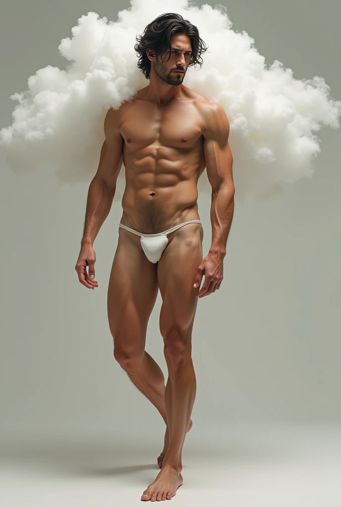 Baki, completely naked and without clothes, full body, with a cloud covering his bare penis, the cloud strictly in the low area of his body, covering his naked crotch, still showing the legs, completely naked, totally naked