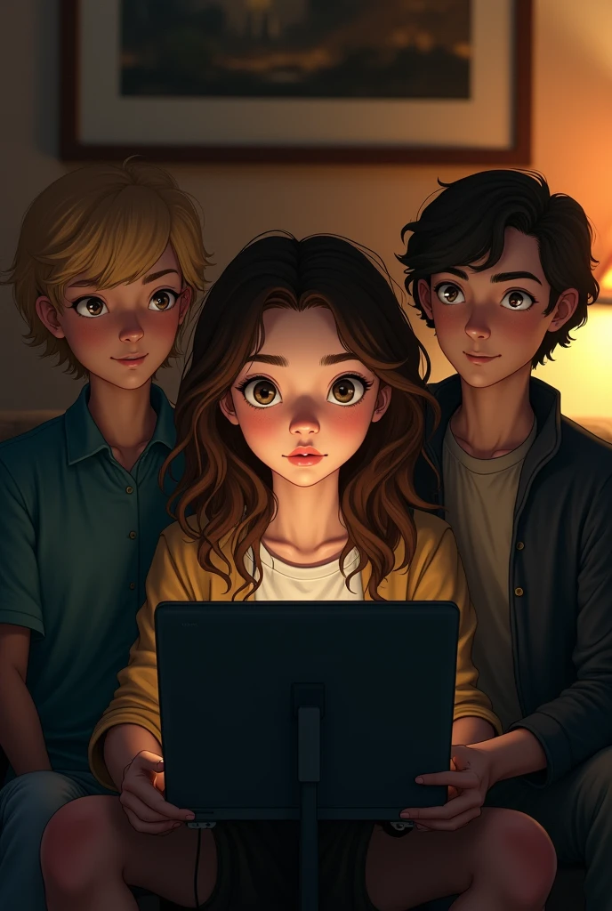 A 14-year-old Brazilian girl with long, wavy brown hair and white skin watching the BBC series Scherlock calmly while next to her are Scherlock without a beard on one side and John Watson on the other (John Watson é loiro) watching her smiling