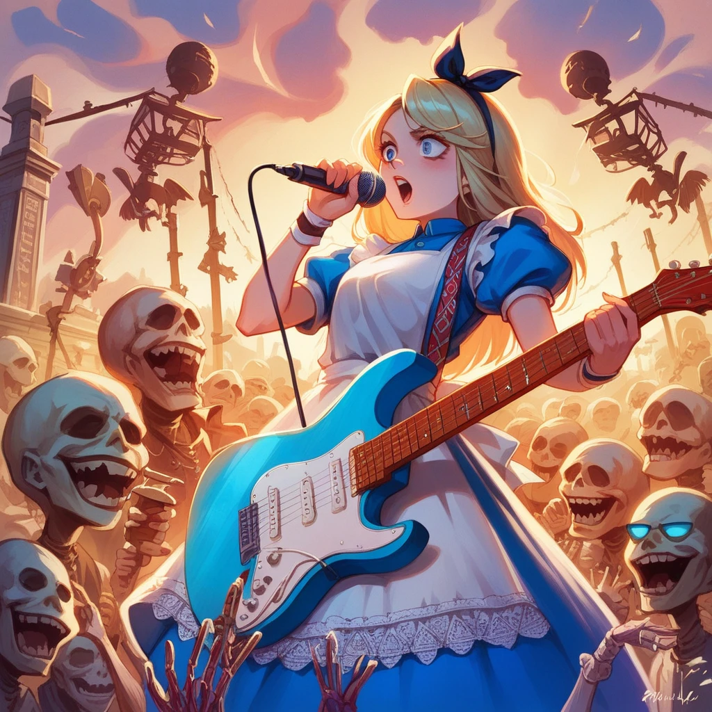 Bold brushstrokes, anime style illustration, midsummer night, crazy fun, cinematic lighting, Alice and the main characters from "Alice in Wonderland" performing a rock concert in a graveyard in the middle of the night, Alice with an electric guitar hanging from her shoulder, singing into a microphone, the dead audience cheering on.