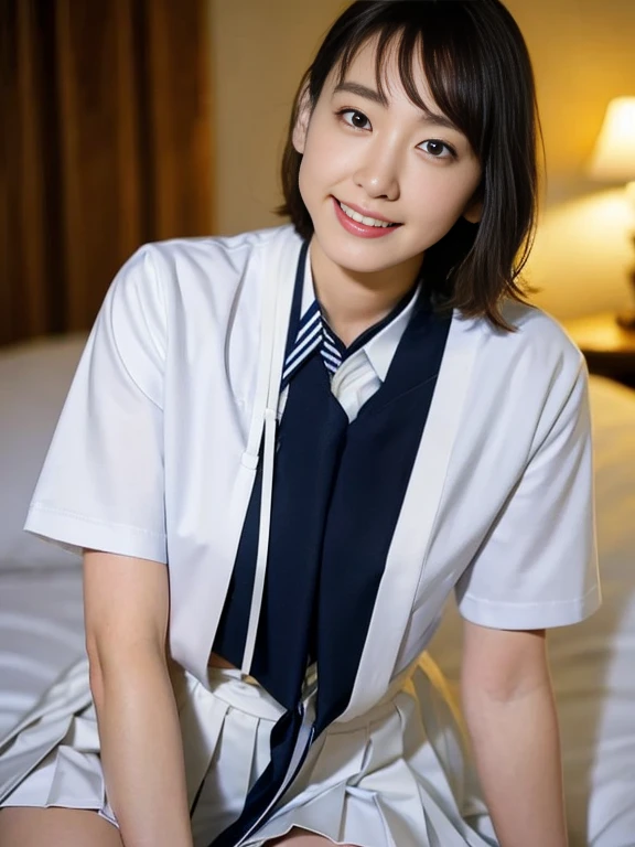 (Masterpiece, Best quality: 1.4), (Ultra realistic, Photo-realistic: 1.2), Full body, kneeling, Natural light, 25 years old actress, Japanese women, Neat and clean, (representative school sailor suit:1.2), (White short sleeve shirt:1.1), (Darknavy pleated skirt:1.2), (Darknavy necktie), Short ponytail, Short wavy hair, Light brown hair color, (Beautiful Face), Oval face, clear, (Beautiful eyes, Kind eyes), (Clear skin), Small face, (Small mouth, Beautiful mouth), Natural makeup, Approachable, Luxury hotel Suite room, On bed, (nsfw:1.1), Seductive smile, (Seductive pose:1.2), (Beautiful thighs:1.1), Bedroom eyes,