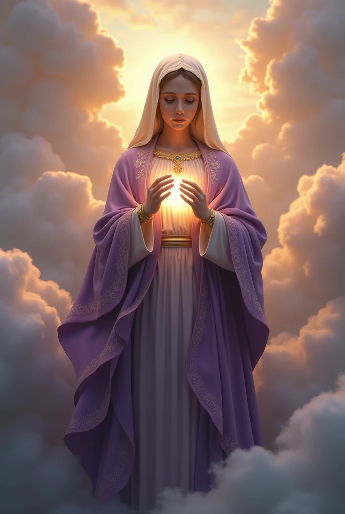 (photorealism:1.2), beautiful virgin Mary with tears in her eyes while praying in the clouds, wearing purple queen clothes with light in his head and heart spreading all over in the clouds, perfect virgin Mary, real virgin Mary, perfect five hands, perfect tears face, elegant, soft lighting, many clouds, stand straight, realistic, intricate details, warm colors,