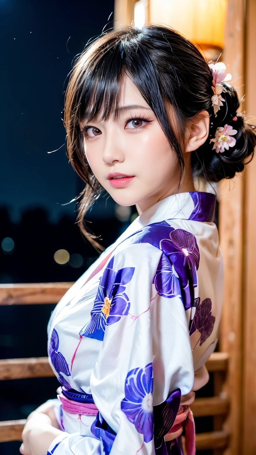 (logo、masterpiece、8k、Tabletop、RAW Photos、wonderful、最high quality、フォトリアリスティックでVery detailedな CG 複合 8k 壁紙、high quality、Very detailed、Narrative poem、Particle Effects、Dynamic Effects、Depth of the Boundary、Cinematic Light、Lens flare、Ray Tracing)、 (One beautiful woman wearing a yukata、White yukata、Light purple pattern)、Black-haired、High definition skin、Very fine、Fine skin texture、Beautiful Face、True Face、Beautiful details in the eyes、Realistic eyes、Beautifully detailed eyes、Realistic Skin、Beautiful Skin、Surreal、Smiling Eyes、Hair and light eyes、vivid、Colorful lights and bokeh、plump lower lip、Pink Lips、Hair flutters in Wind、Hair bounces、wonderful景色、night、evening、Wind、moonlight、moonlight、light
