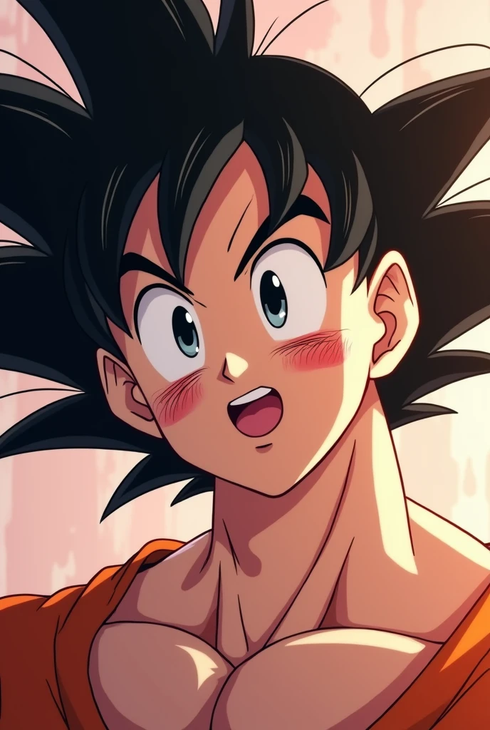 Dragon ball z anime style,Adult Goku with face,neck lips, with several marks of various kisses made by the lipstick, expression in love and somewhat embarrassed, with a blush on her cheeks and a slight smile, looking forward, view from her torso to her hair